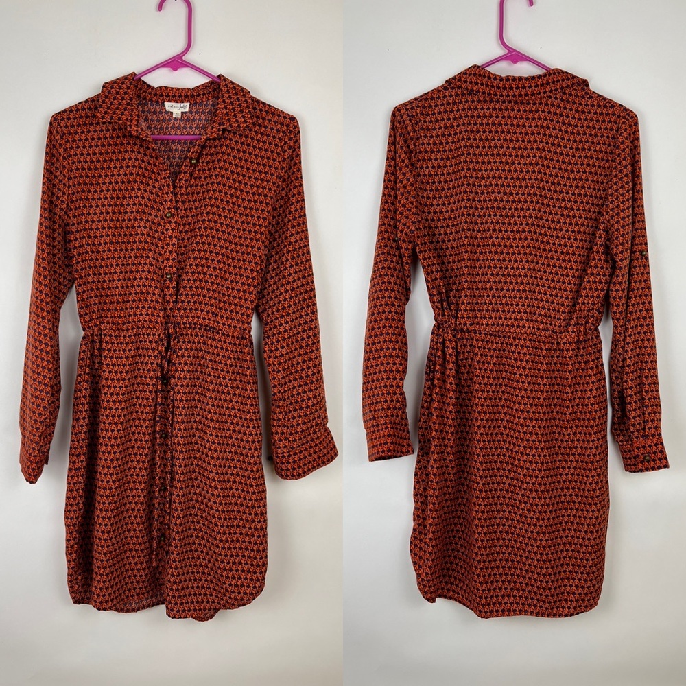 MAISON JULES button down shirt dress roll tab collared orange and navy M